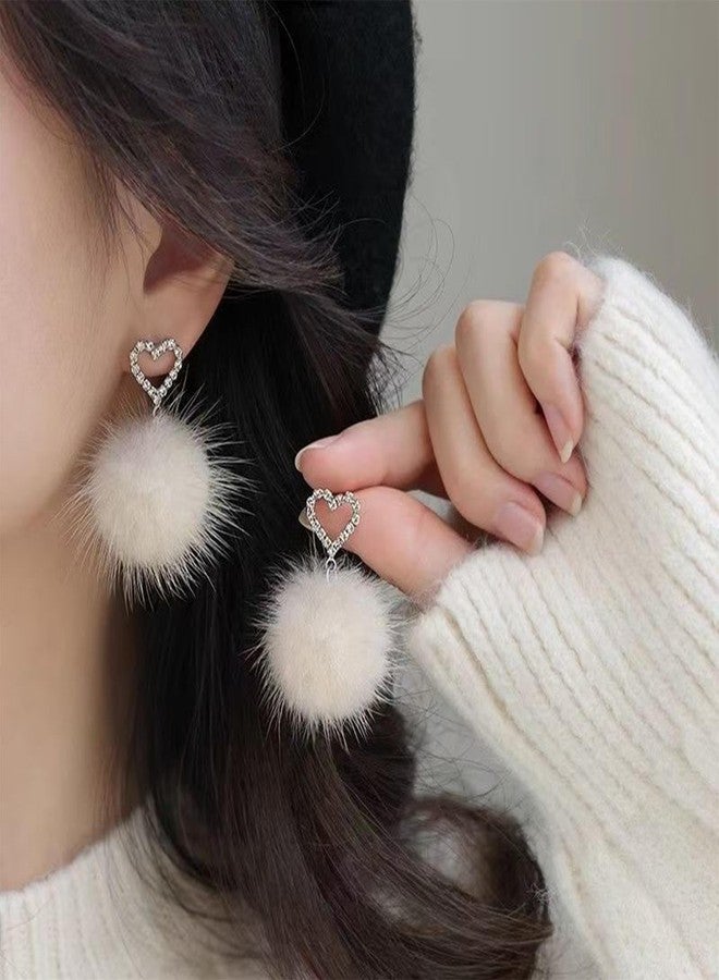 IRCOMULTI Winter Pom Pom Earrings White Fluffy Stud Earrings Pom Pom Ball Earrings Faux Fur Ball Earrings Fluffy Pom Dangle Earrings Jewelry for Women(CZ Heart Style) - Image 2